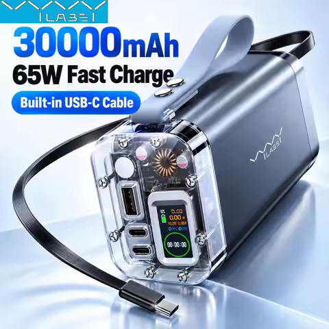 Vyvylabs 30000mAh Power Bank Retractable USB-C Cable 65W PD Fast Charging Digital Display Portable C