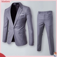   Men Blazer Pants Set Solid Color Slim Outfit Stylish Men's Business Blazer Suit Set Slim Fit Lapel Collar Single Button Coat with Long Pants Perfect for Workwear