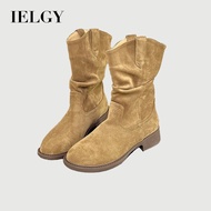 IELGY 2025 Women's Martin Boots Short Boots Brown Denim Stacks Block Heels High Heels