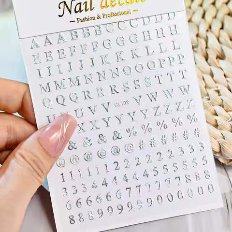 3D English Letter Number Nail Stickers Golden Silver Black Alphabet Design Self Adhesive Decal Engli