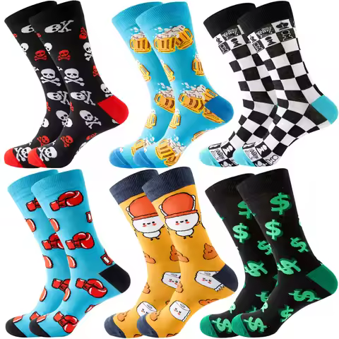 2023 NEW Funny Men Socks Cotton Fashion Trend Harajuku Guitar Beer Boxing Gloves Skull Chess Clown S