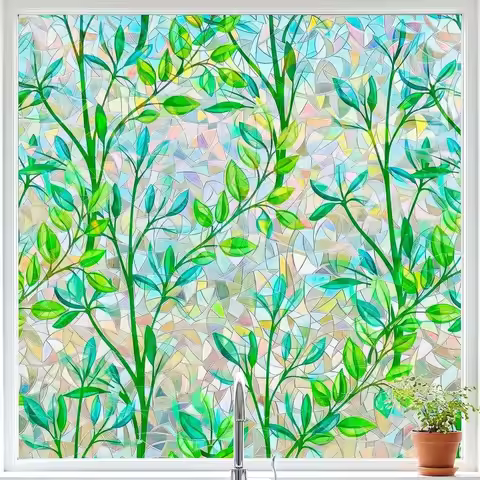 Green Leaves Privacy Window Film for Sliding Door with UV and Heat Protection, 17.5x78.7 inches