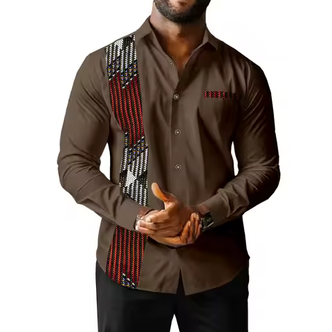 SEA&ALP Men's African Top Shirt Dashiki Ankara Traditional Pattern Printed Long Sleeve T-Shirt