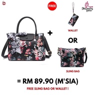 HN8 [FREE WALLET] Strawberry Queen Women Floral Nana Handbag (Floral E, Black)