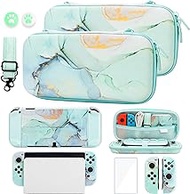 GLDRAM Marble Grain Carrying Case for Nintendo Switch Accessories, Portable Travel Case Bundle with Dockable Protective Cover, HD Screen Protector, Adjustable Shoulder Strap and 2 Thumb Grips (Green)