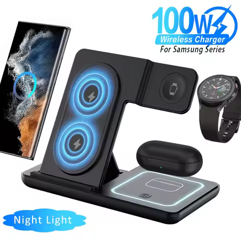 100W 3 in 1 LED Foldable Wireless Charger Stand For Samsung S24 S23 Galaxy Watch 2-8 Active 1 2 Buds