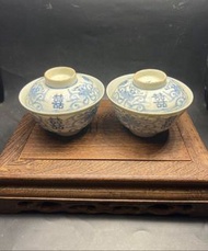 淸代茶具蓋碗嘉道青花缠枝莲囍紋茶具蓋碗 古玩老瓷器一對