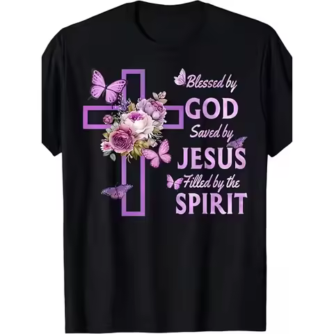 Mens Christian Faith T Shirt Blessed By God Saved By Purple Floral Cross Graphic Tee With Purple Let