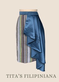Modern Filipiniana Top and Skirt Ethnic Midi Overlap Dusty Blue