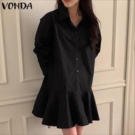 VONDA เสื้อเชิ้ตตัวยาวสไตล์เกาหลีสำหรับผู้หญิงชุดแบบเสื้อแขนยาวมินิมีจีบระบายชุดฤดูร้อนมีกระดุมคอปกฤ