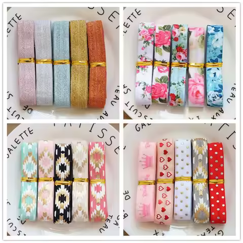 5Yards/Set 1Yard Per Color 16MM Width Printed Fold Over Elastic Foe Ribbon Stretch Band Diy Crafts S