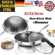 Upgrade KATA SUS316 Stainless Steel Honeycomb Pan Non-Stick Wok Steamer  With Lid (32/34/36cm)