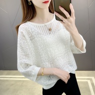 2024 Summer Knitted Thin Round Neck Korean Version All-Match Women's Bat Shirt t-Shirt Loose Hollow 