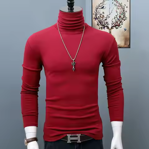 Men's Classic Autumn Winter Turtleneck T-Shirt Dark Red Stretch Casual Turtleneck Top Plus Size Long