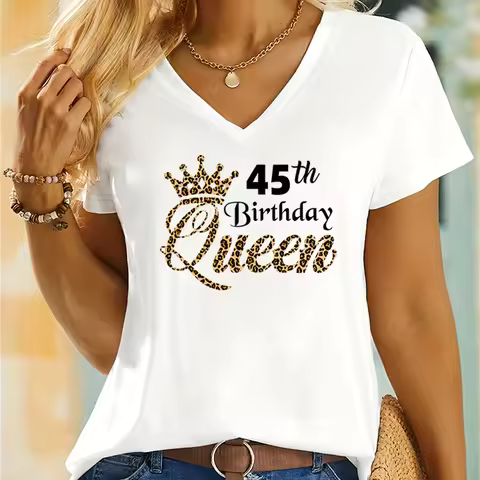 Queen 45th Birthday Leopard Print Woman T-shirts Queen Birthday Party Essential Classic Tops 45th Bi