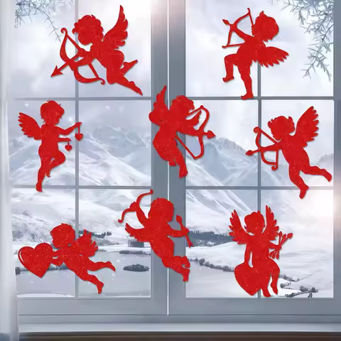 Valentine's Day Window Stickers Set of 8 Cupid Themed Decorative Paper Cutouts for Valentine's Day W