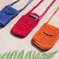 手工鉤織手機套 收納袋 票夾 悠遊卡套-藍色紅色橘色自然條紋色彩