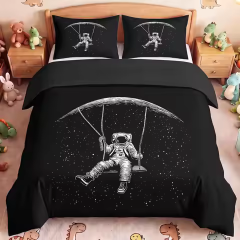 Kids Boy Astronaut Space Rocket Soft Zipper Bed Bedding Duvet Cover Set with Zipper, Reversible Bed 