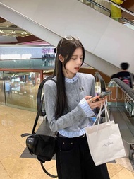 U77 Ankerley เสื้อคาร์ดิแกนแบบถักเทียมสีเทาสองชิ้นสำหรับผู้หญิงออกแบบรอบคอเข็มกลัดโบว์เสื้อแขนยาวมือ