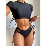 VELO Bikini Set 2 Piece Swimsuit Short Sleeve Side Drawstring Thong Bottom