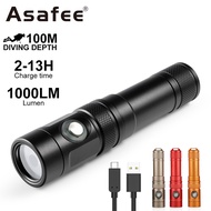 Asafee DT15 SST20 LED 1000LM 100M Underwater Diving Flashlight IPX8 Waterproof Lamp Bulit-in Battery Rechargeable Torch