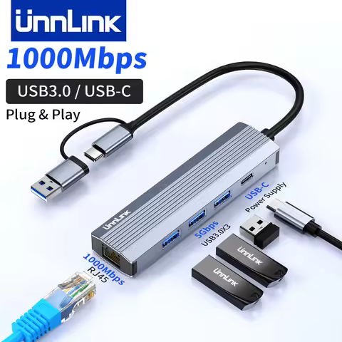 Unnlink USB & USB-C to Ethernet Adapter 1000Mbps USB3.0 Hub RJ45 Lan for Mi Box Laptop PC Switch Typ