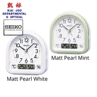 Seiko Matt Pearl Mint/White Colour Alarm Clock with Silent/Quiet Sweep Second Hand, Thermometer and Hygrometer