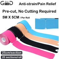 GOUNOD 5cmX 5M Pre Cut Kinesiology Tape Elastic Exercise Muscle Patch Type I Waterproof and Breathab