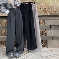 Lovito Casual Pants Plain Draped Pants for Women LNA29025 (Grey/Black)