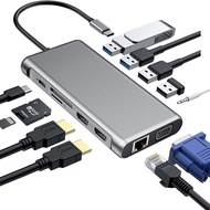 12 in 1 USB Type C Hub to Dual 4K HDMI USB3.0 USB2.0 PD Charging VGA RJ45 3.5mm Audio Jack with TF/SD Card Slot USB HUB Adapter