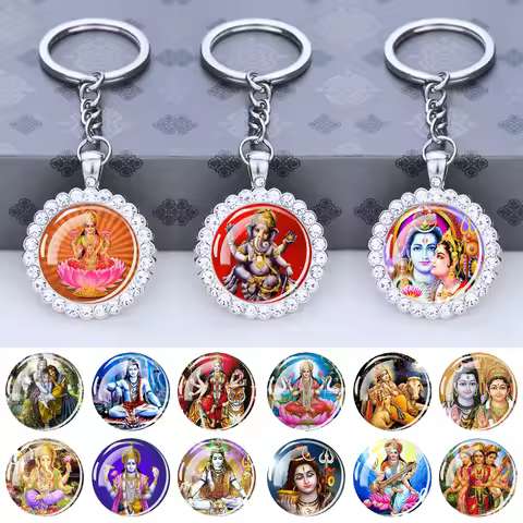 Hinduism God Keychain Ganesha Durga Vishnu Kashmi Shiva Amulet Rhinestone Pendant Glass Cabochon Key