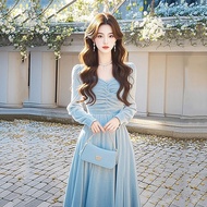 Newlan QZ253 Dress Early Autumn Fairy Dress Velvet Sweet Heart Neck Long Sleeve A line Gaun Lengan P