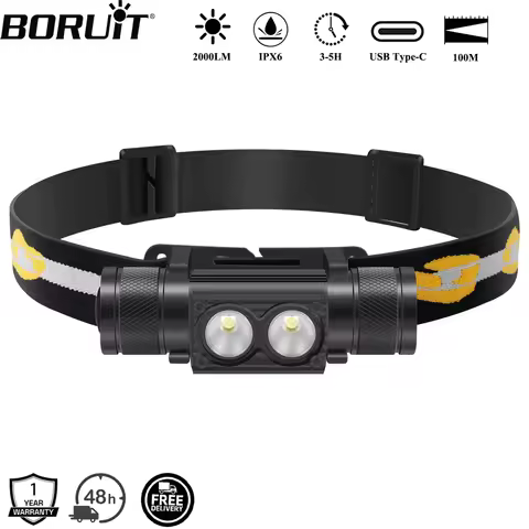 BORUiT D25 Dual LED Headlamp 2000LM Powerful Headlight Type-C Rechargeable 18650 Head Torch Waterpro
