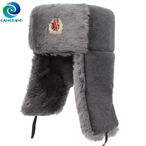 CAMOLAND Soviet Army Military Badge Winter Hat For Women Men Warm Bomber Hats Thermal Faux Fur Russi