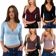 CY03-Women’s Wrap V Neck Tops 3/4 Sleeve Solid Color Slim Fit T-Shirts