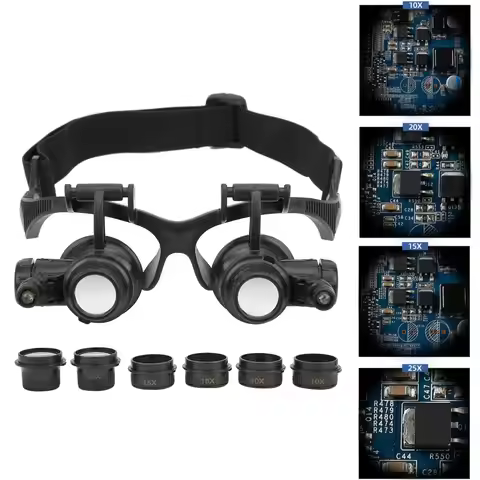 Binocular Glass Magnifier, Jewelry Magnifying Glass with 2 LED Light + 8 Interchangeable Lens 10X 15