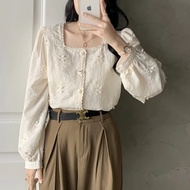 เสื้อเชิ้ตคอเหลี่ยมแขนยาวปักลายสไตล์ฝรั่งเศสย้อนยุคจาก Euforica Queen ทรงเข้ารูปอเนกประสงค์สำหรับผู้