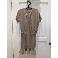 Cardigan and knit dress set khaki dark beige color