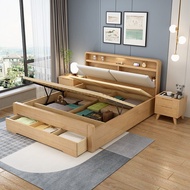 Solid Wood Bed Air Pressure Bed with Night Light with Charging Port with Headboard with Drawer Bed Frame with Mattress Storage Function Bed Frame Single/Queen/Kin