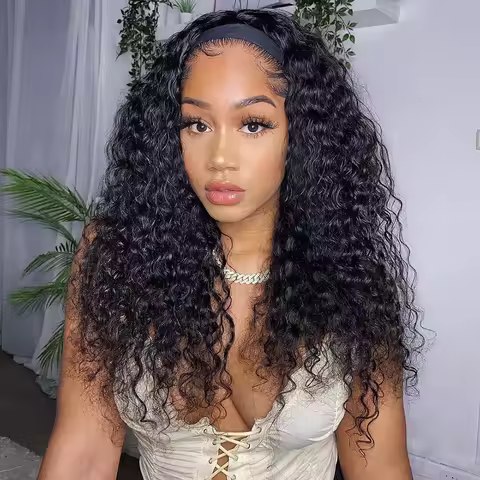 Headband Wigs Human Hair Deep Wave Headband Wigs for Black Women No Lace Front Wigs 9A Virgin Hair D