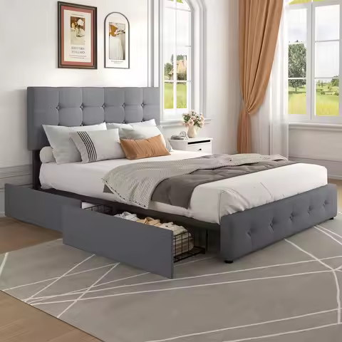 JHK Queen Full Size Bed Frame with Storage Upholstered Platform Bed Frame with 4 Drawers and Adjusta