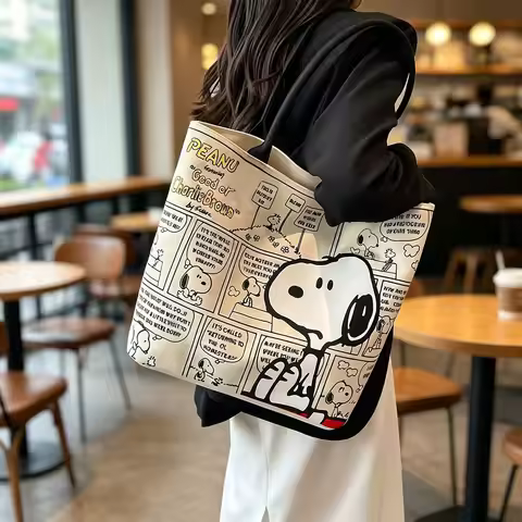 Snoopy Comic Canvas Tote Bag Large Capacity Zipper Bag Student Commute Shopping Eco Handbag Vintage 