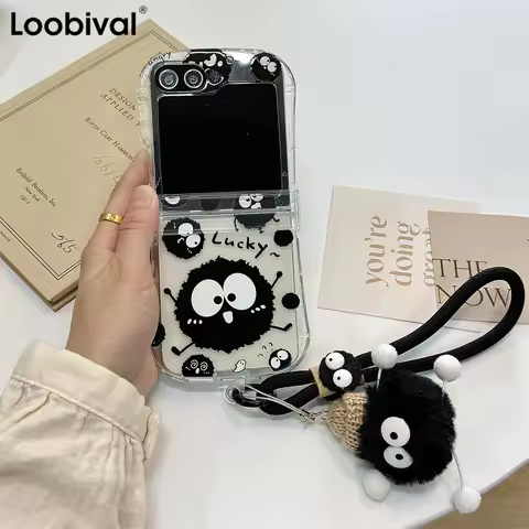 Cute Coal Ball Plush Lanyard Phone Case For Samsung Galaxy Z Flip6 Z Flip 6 5 4 3 Flip5 Z Flip 6 Air