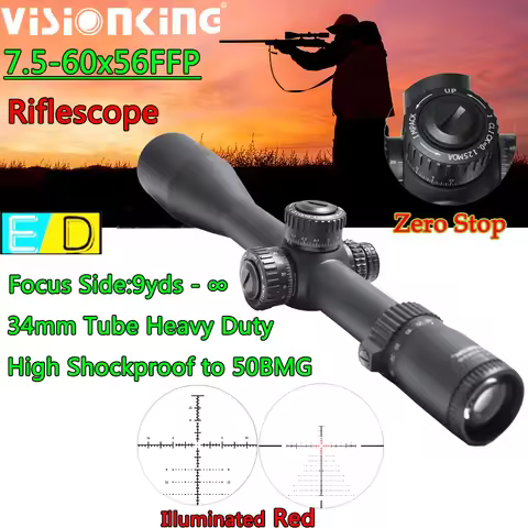 Visionking Zero Stop 7.5-60x56 FFP Riflescope ED Lens 1/8MOA Turret Lock Adjustment Field Tactical H