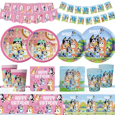 Bluey Bingo Birthday Decoration Party Supplies Disposable Tableware Plates Cups Napkins Banner Table