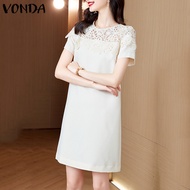 ชุดเดรสเข้ารูปลูกไม้เย็บปะติดสำหรับผู้หญิง VONDA เสื้อยืดคอกลมสง่างาม (ดอกไม้เกาหลี)