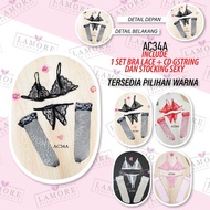 Bra Set G String Underwear Wanita + Black Lace Stockings Ac34A