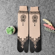 Henna Patterned Socks for Muslim Women, Toe-Covered, Long/Short, Thick, Silvy
