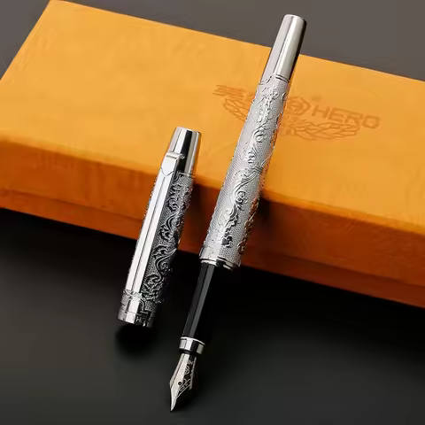 Original Hero 103 Exquisite Silver Engraved Fountain Pen Luxury Metal 0.5 Writing Pens Office Busine
