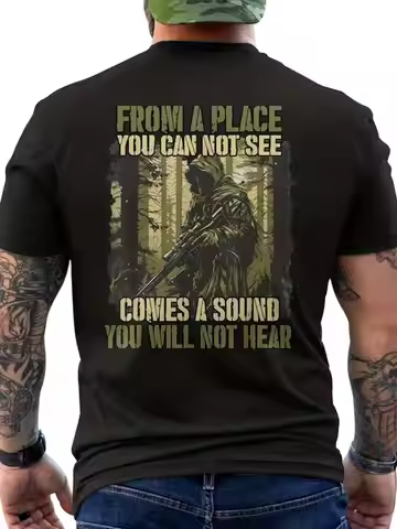 Men'S Military Sniper T-Shirt Tactical Back Print with Sniper Rifle and Woodland Camouflage Design G